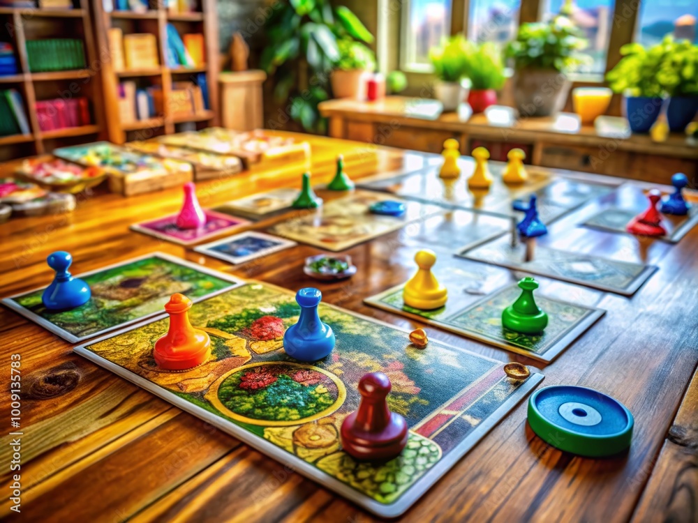 Colorful Clue Board Game Setup with Pieces, Cards, and Gameboard on a Wooden Table Background Colorful Clue Board Game Setup with Pieces, Cards, and Gameboard on a Wooden Table Background