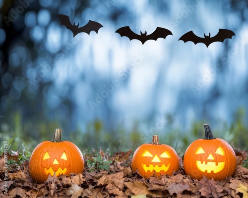 Haunted windmill with pumpkins glowing at the base eerie mist rising from the fields photo