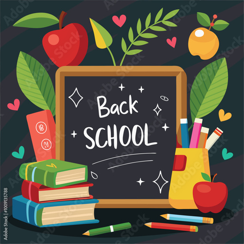 back to school poster with books and apple. Vector illustration.