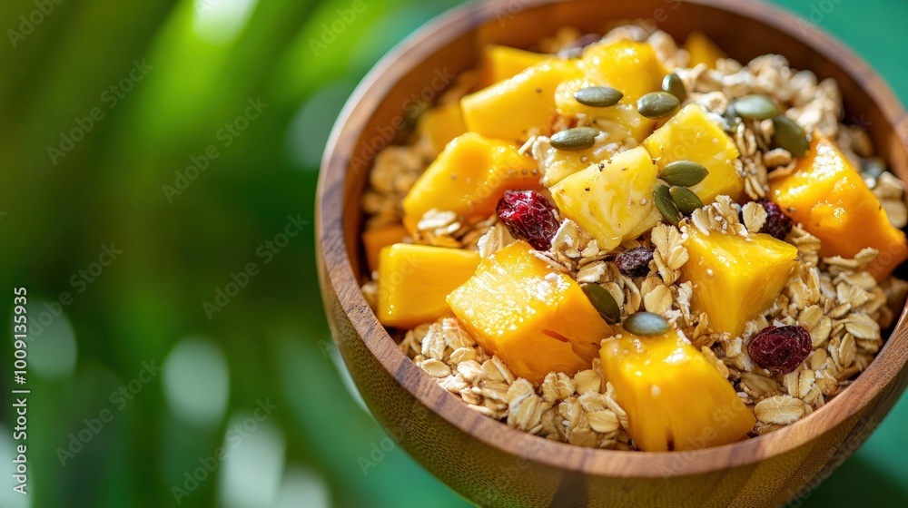 A wooden bowl filled with oatmeal, mango, pineapple, pumpkin seeds, and cranberries. A wooden bowl filled with oatmeal, mango, pineapple, pumpkin seeds, and cranberries.