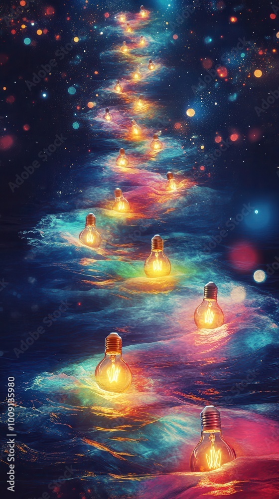 Naklejka premium Magical floating lights on a colorful water pathway.