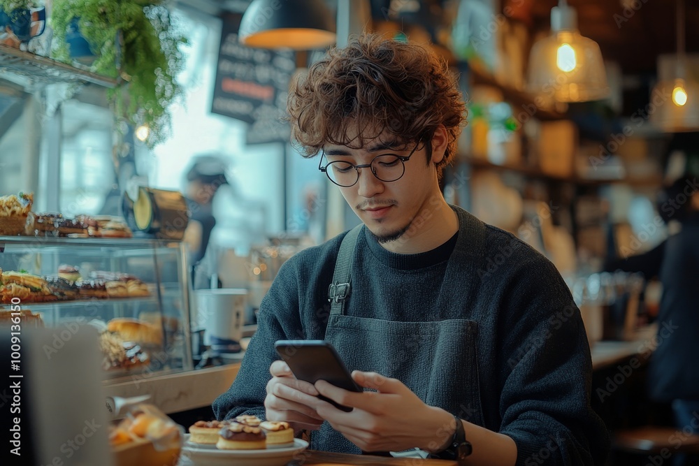 Digital nomad working with a smartphone at a cafe, Generative AI Digital nomad working with a smartphone at a cafe, Generative AI