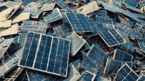 A pile of broken solar panels on top of rubble, great for environmental or sci-fi themes photo