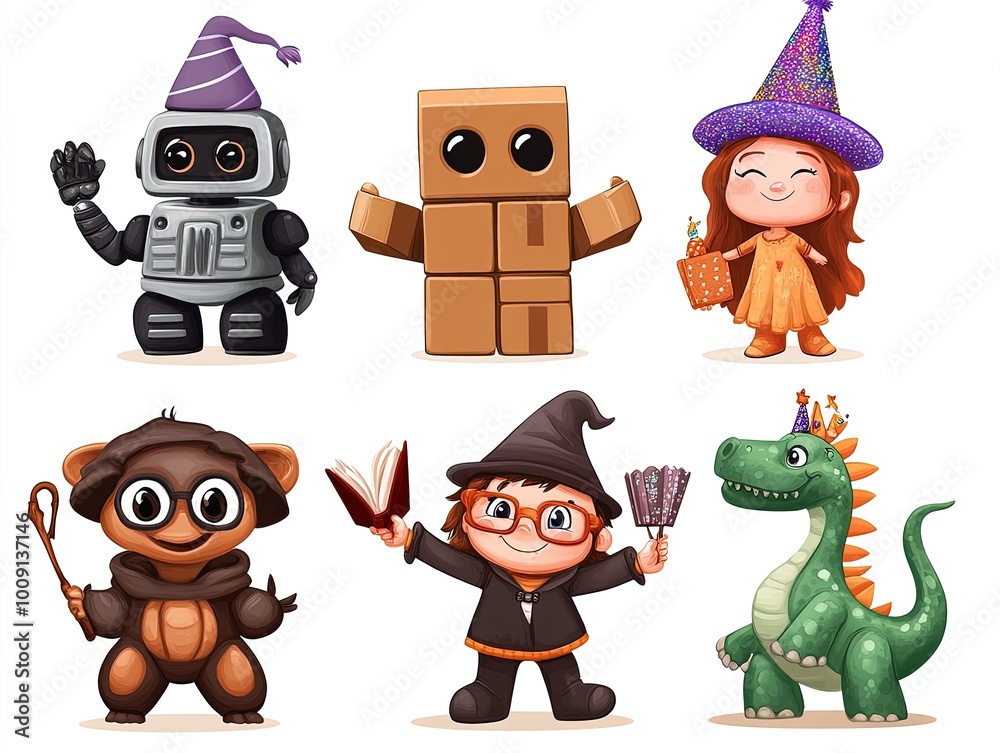 Whimsical Birthday Bash: Cartoon Characters in Unique Costumes Celebrate with a Robot, Unicorn, Wizard, and Dinosaur - Perfect for Kids' Room Decor or Party Posters! Whimsical Birthday Bash: Cartoon Characters in Unique Costumes Celebrate with a Robot, Unicorn, Wizard, and Dinosaur - Perfect for Kids' Room Decor or Party Posters!