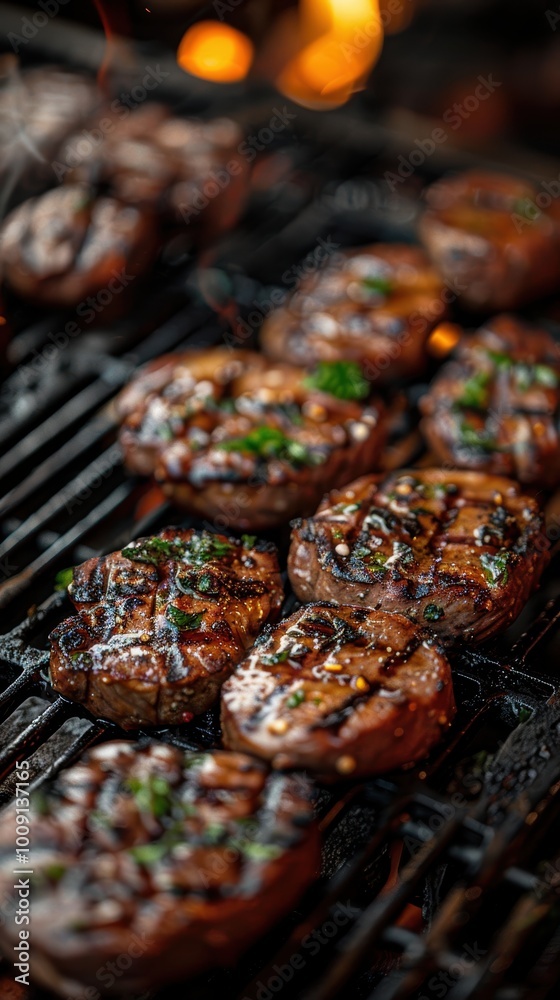 A close-up view of multiple perfectly grilled, seasoned steaks with garnish sizzling on an outdoor barbecue grill with flames in the background during a cookout A close-up view of multiple perfectly grilled, seasoned steaks with garnish sizzling on an outdoor barbecue grill with flames in the background during a cookout