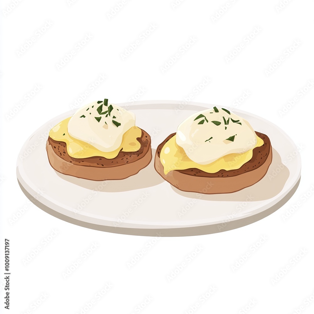 A plate of two eggs Benedict with hollandaise sauce and herbs. A plate of two eggs Benedict with hollandaise sauce and herbs.