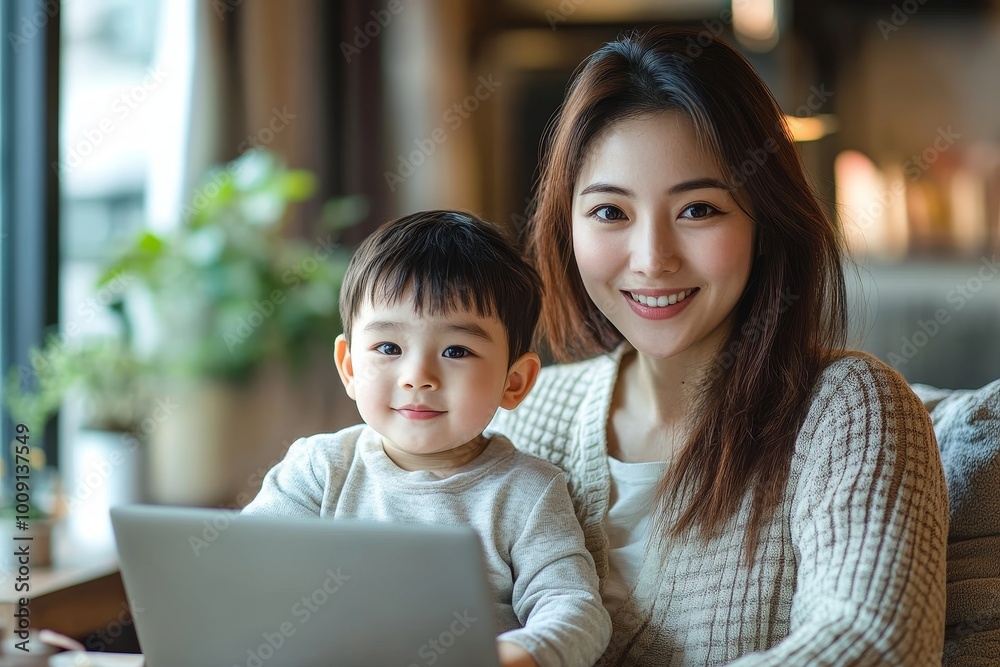 Mother and son using laptop, Generative AI Mother and son using laptop, Generative AI