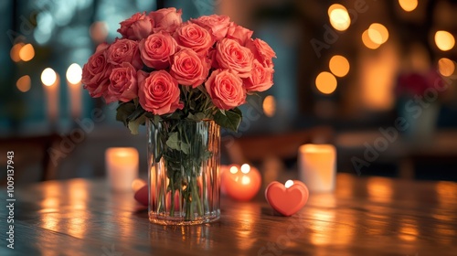 A bouquet of pink roses in a glass vase on a wooden table surrou photo