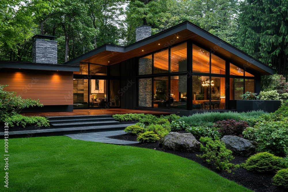 Modern home with large windows and a stone fireplace. Modern home with large windows and a stone fireplace.