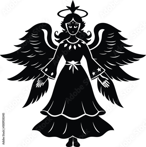 Christmas angel black silhouette hand drawn