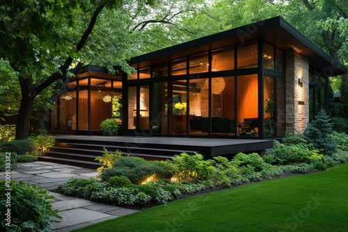 Modern house with large windows and a deck surrounded by lush greenery.