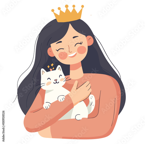 Girl hugging cat with love Flat illustration