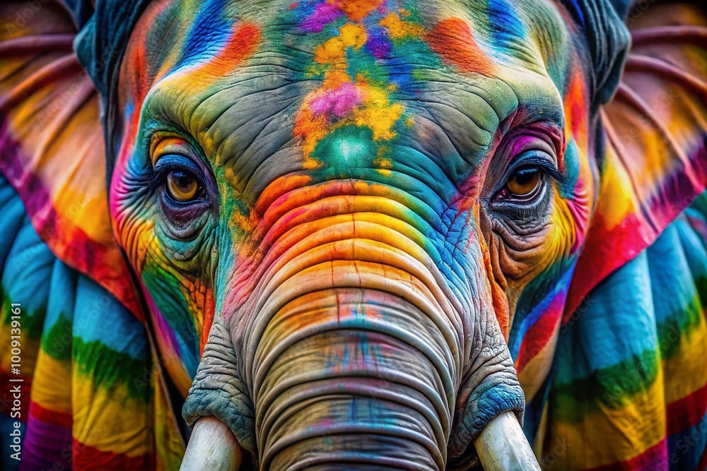 Fototapeta premium Colorful Elephant Face Paint Art Displayed on Canvas for Vibrant Wildlife and Creative Inspiration