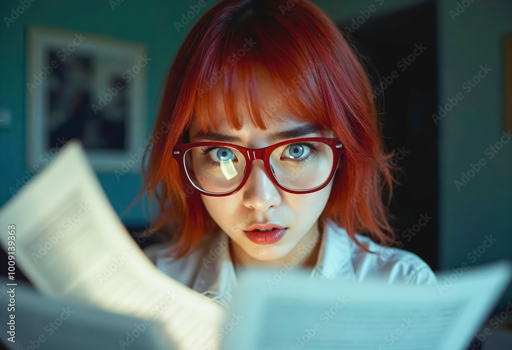 Portrait of pretty frustrated red hair woman behind pile of paperwork, busy secretary, business woman concept, exhausting work