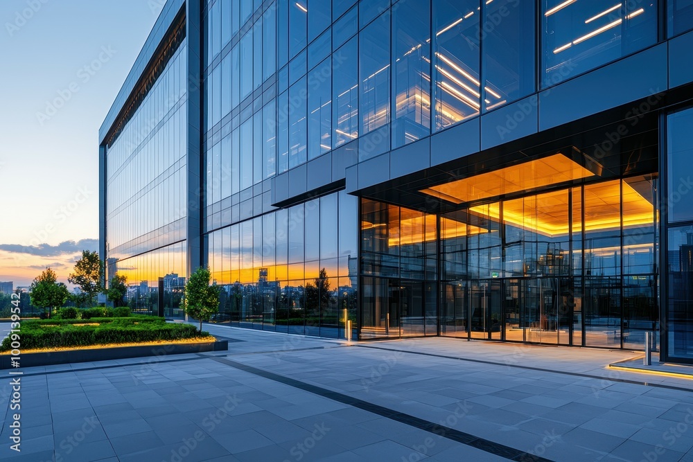 Modern office building with glass facade and a bright, well-lit entrance. Modern office building with glass facade and a bright, well-lit entrance.