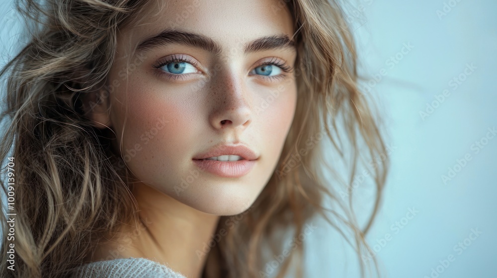 Beauty model with a fresh, natural look, captured in a studio with soft lighting and a clean background.
