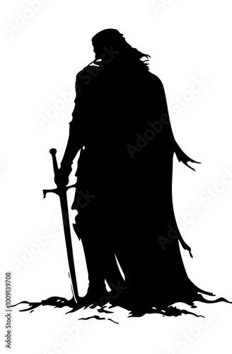 Back view silhouette of a medieval warrior with a sword. A bold and striking vector design, perfect for fantasy and adventure themes in digital art and iconography. photo