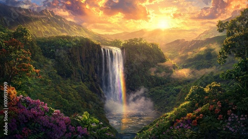 Photography, a breathtaking view of a majestic waterfall cascading into a lush green valley below photo