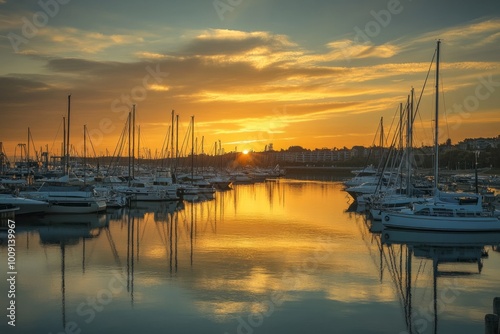 A stunning sunset over a tranquil marina. Sailboats gently float on calm waters reflecting golden hues. A moment of peace and beauty captured in nature. Generative AI