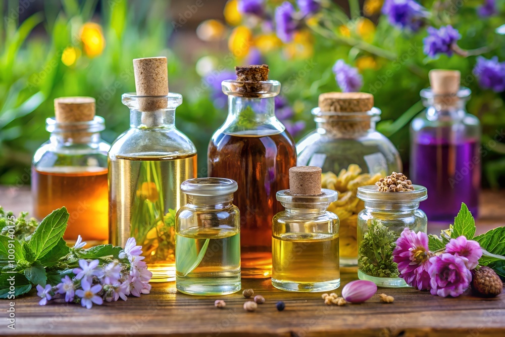 Assortment of Glass Bottles with Natural Essential Oils for Aromatherapy and Holistic Skincare Treatments Assortment of Glass Bottles with Natural Essential Oils for Aromatherapy and Holistic Skincare Treatments