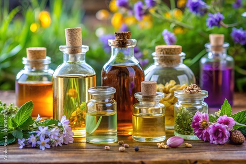 Assortment of Glass Bottles with Natural Essential Oils for Aromatherapy and Holistic Skincare Treatments