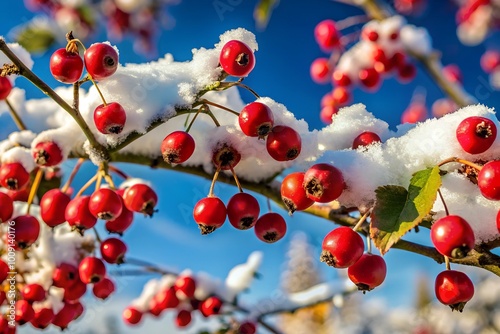 Red berries dangle from tree branch, surrounded by snow-laden leaves Sky visible behind photo