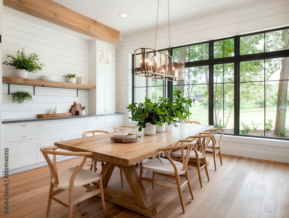 Fototapeta premium A farmhouse dining room with a large wooden table and chairs, a modern chandelier, and a view of the outdoors.