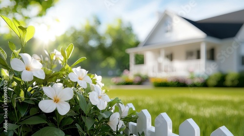 White flowers bloom in front of a white picket fence with a house in the background.