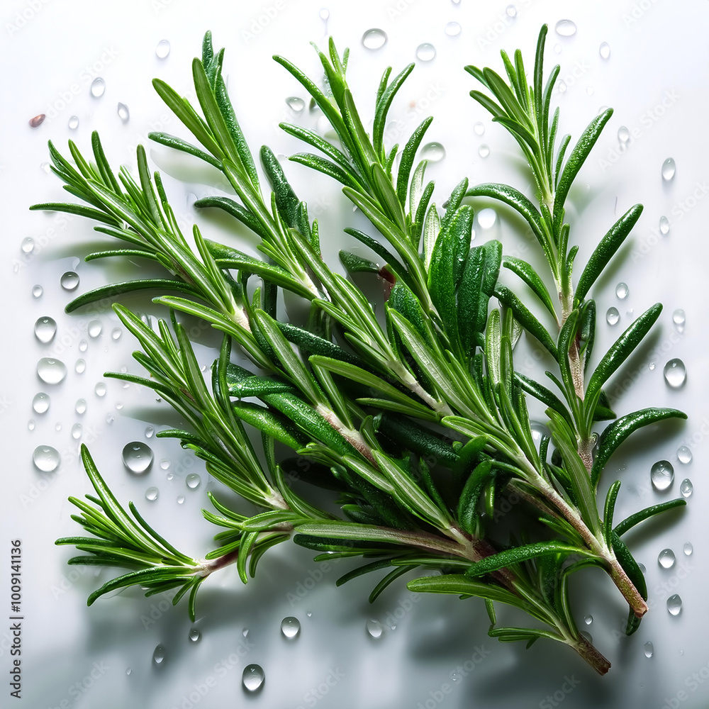 rosemary with water drops on a pitch solid white background rosemary with water drops on a pitch solid white background