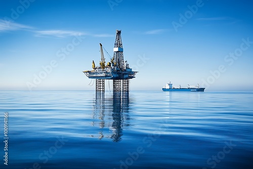 Oil Rig and Ship on a Calm Blue Sea photo