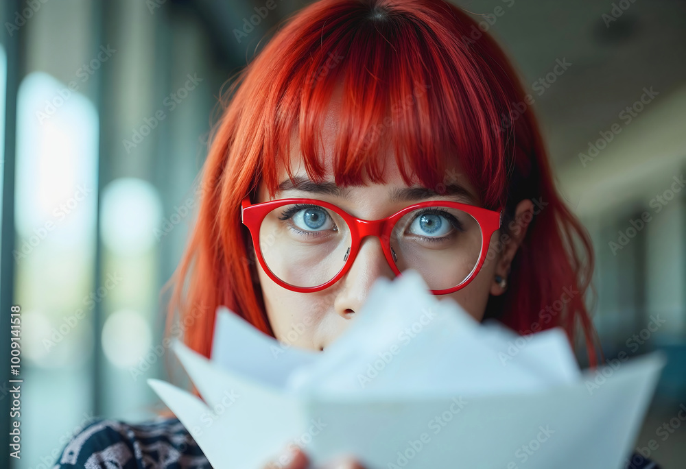 Portrait of pretty frustrated red hair woman behind pile of paperwork, busy secretary, business woman concept, exhausting work