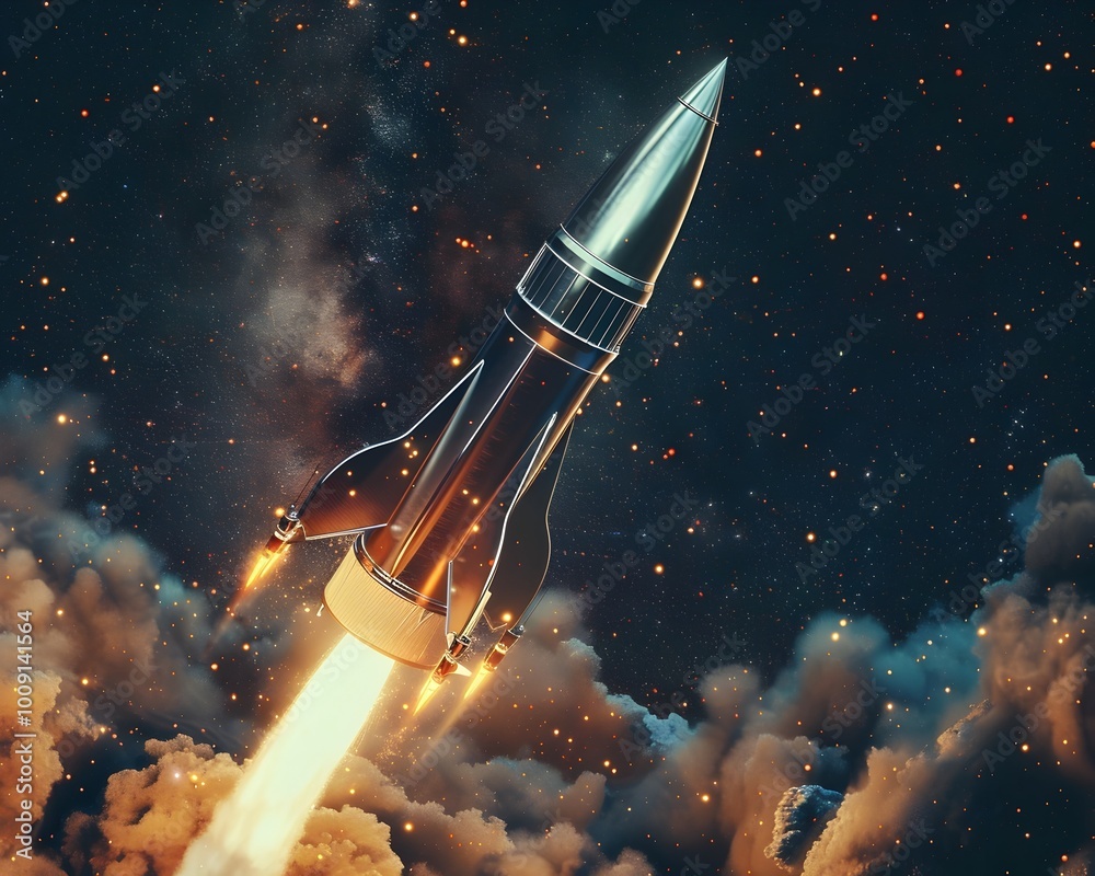 Fototapeta premium Retro Style Space Rocket Launching from Futuristic Spaceport with Nostalgia and Ambition