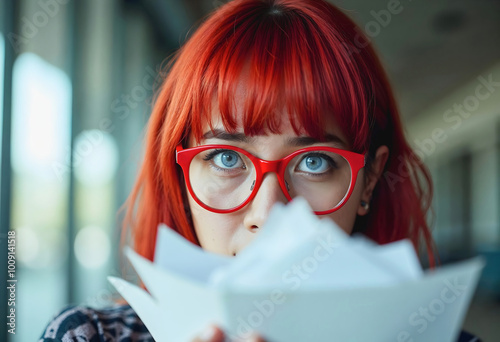 Obraz na płótnie Portrait of pretty frustrated red hair woman behind pile of paperwork, busy secretary, business woman concept, exhausting work w salonie