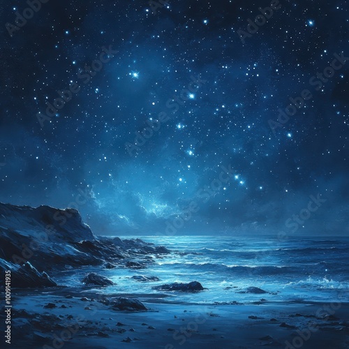 a night sky full of stars by the calm sea