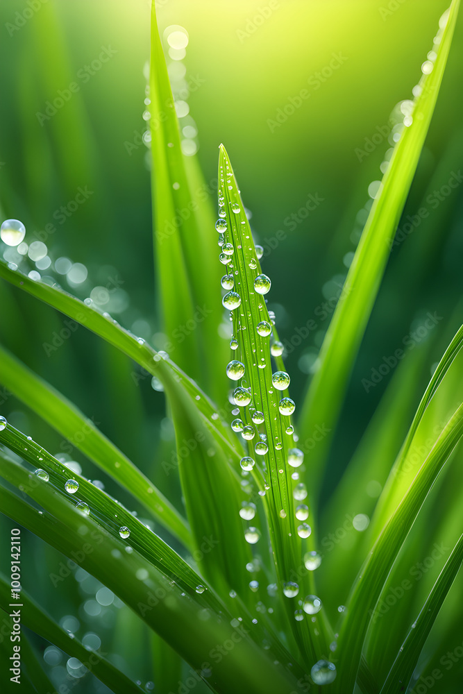Fototapeta premium Gras mit Regentropfen am Morgen mit lichteinfall