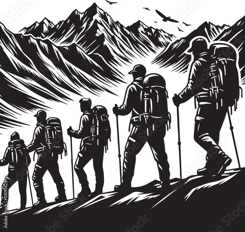 mountaineer climber hiker people, vector silhouette collection. Hiker Silhouettes. hiking man with rucksacks silhouette.