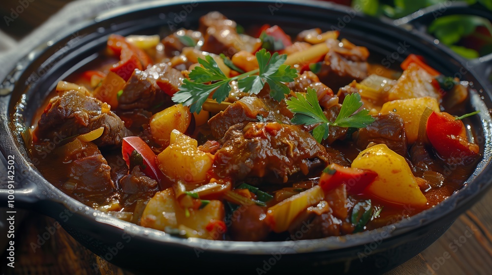 A close-up of the dish is shown - a thick meat stew with vegetables and spices. A great option for advertising food, restaurants or food blogs. A close-up of the dish is shown - a thick meat stew with vegetables and spices. A great option for advertising food, restaurants or food blogs.