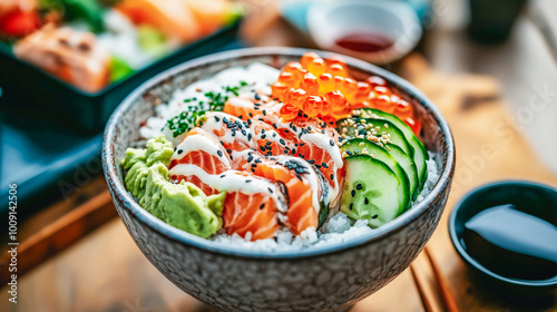 A vibrant sushi or poke bowl filled with fresh salomon, caviar, avocado, cucumbers. Colorful healthy food and trendy dinner concept. photo