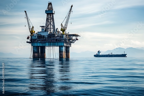 Oil Rig and Cargo Ship on the Open Ocean