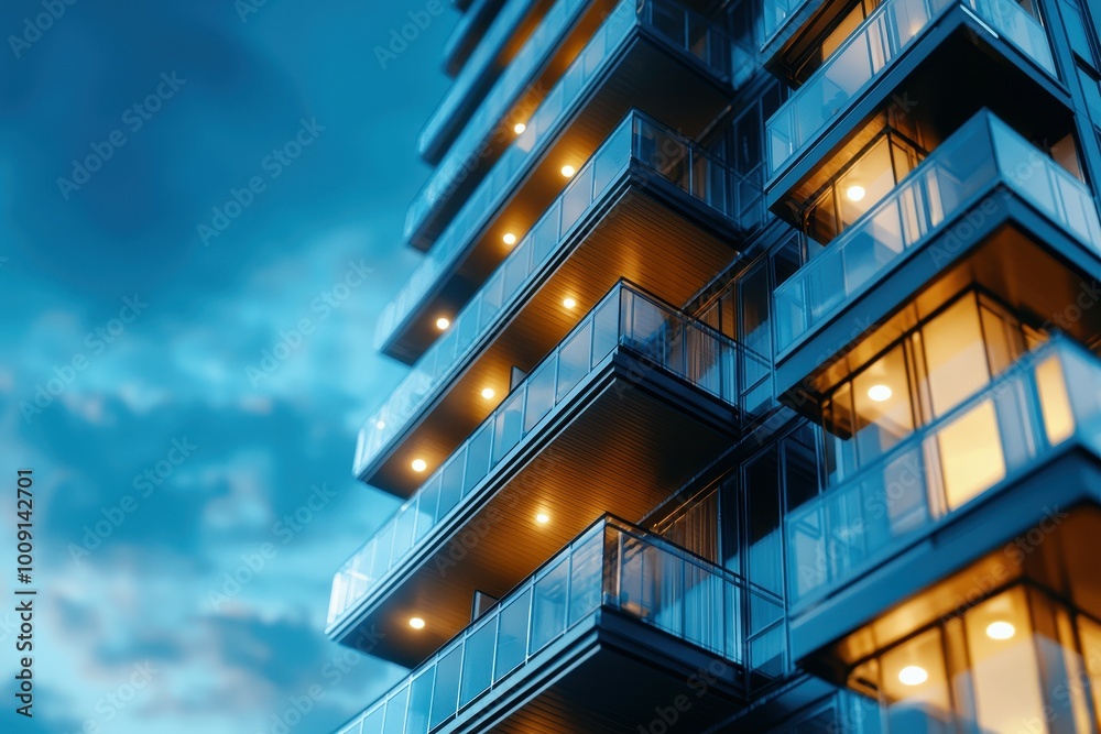 Fototapeta premium A modern apartment building with balconies lit up at dusk.