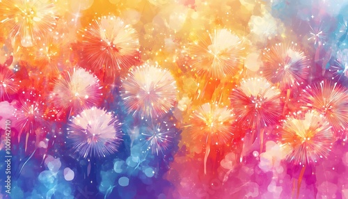 A bright painted illustration of colorful fireworks