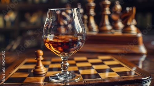 Glass of Brandy on Chessboard Evoking Strategy and Contemplation