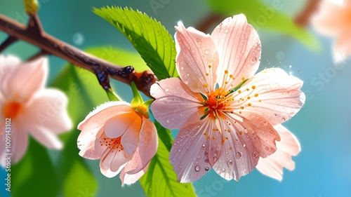 delicate and vibrant apricot flower blossom, impregnated by midday sunlight whit crystalline dew drops