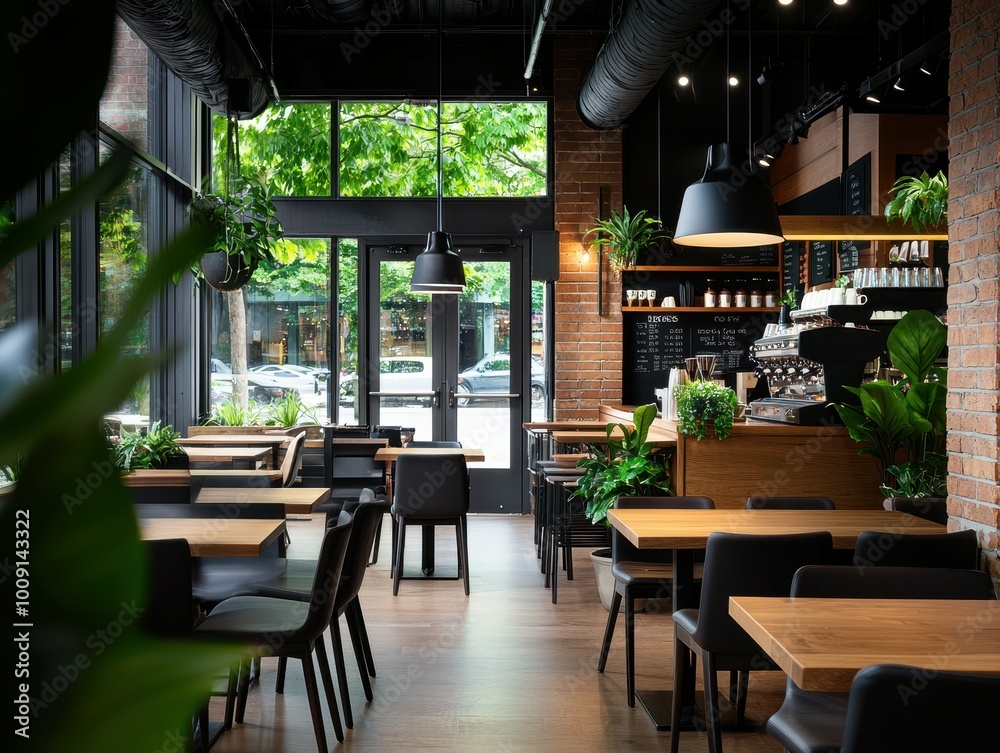 Modern cafe with a minimalist design, featuring large windows and a wooden bar counter. Modern cafe with a minimalist design, featuring large windows and a wooden bar counter.