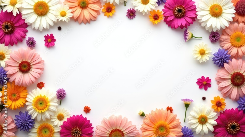 Flat lay frame of multicolored gerbera flowers on white background with copy space Flat lay frame of multicolored gerbera flowers on white background with copy space