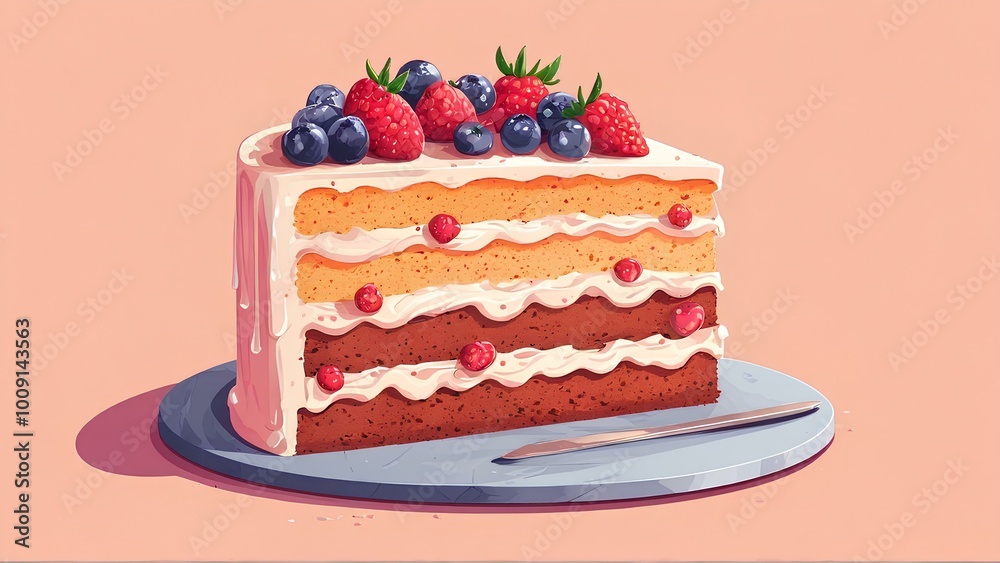 Cake cut to display its uniform layers on a flat surface, sweet illustration Cake cut to display its uniform layers on a flat surface, sweet illustration