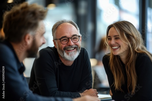 Successful group of business people collaborating and laughing in a professional office, Generative AI