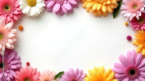 Flat lay frame of multicolored gerbera flowers on white background with copy space
