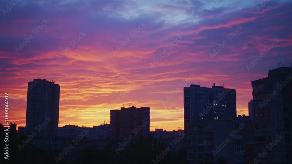 Vibrant orange and purple sunset over a city skyline, with tall apartment buildings silhouetted against the sky. Vibrant orange and purple sunset over a city skyline, with tall apartment buildings silhouetted against the sky.