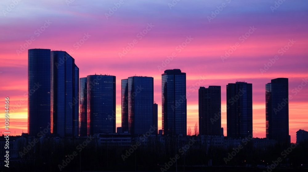 A vibrant sunset casts a warm glow over a city skyline, with tall buildings silhouetted against the colorful sky.